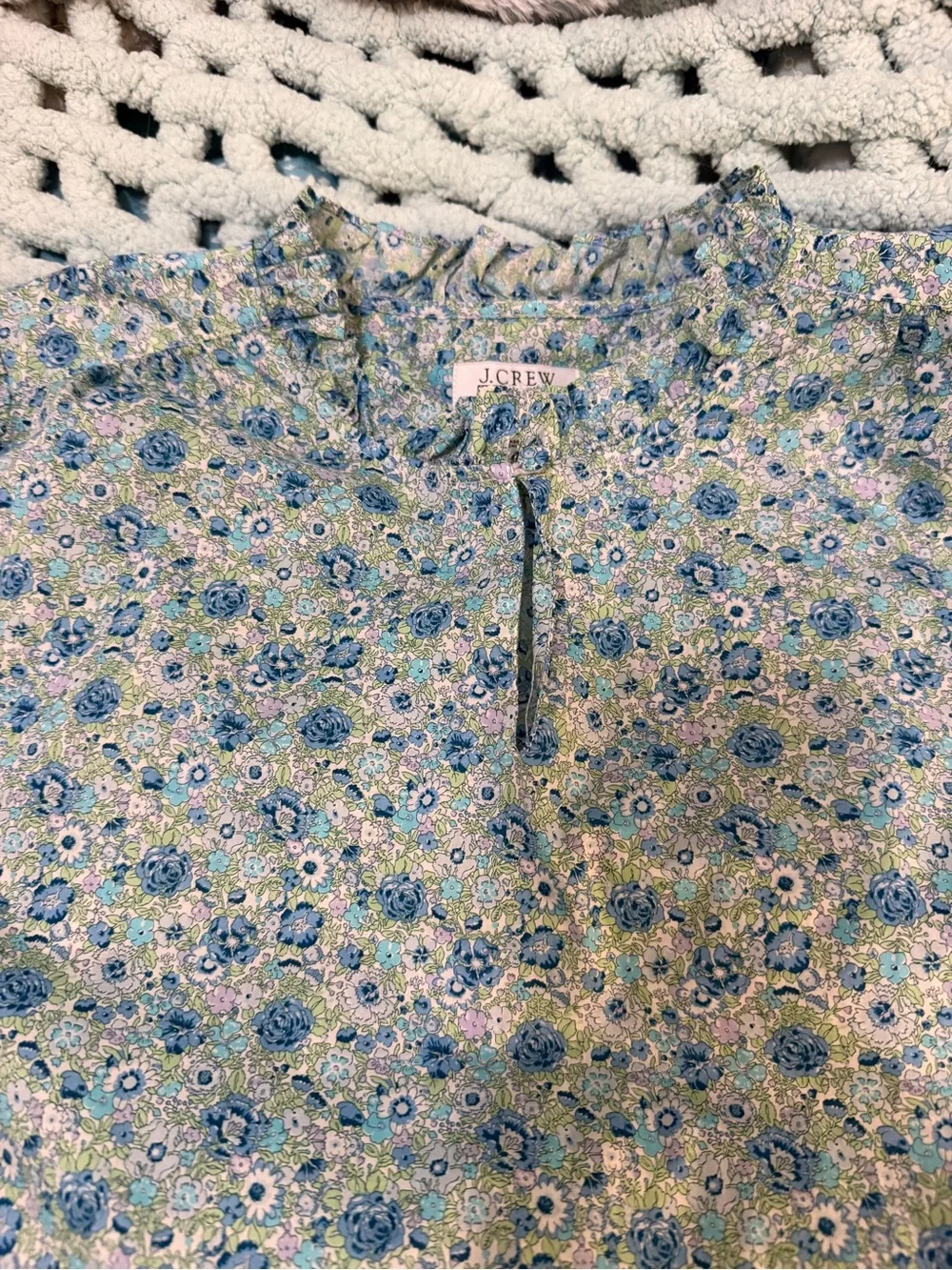 J. Crew Made with Liberty Fabric Blue Floral Smocked Sleeve Blouse Sz XXL